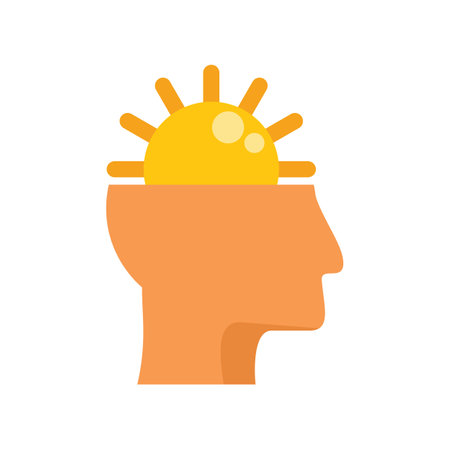 This vector illustration shows a human head profile with a sun shining inside, symbolizing positive thoughtsのイラスト素材