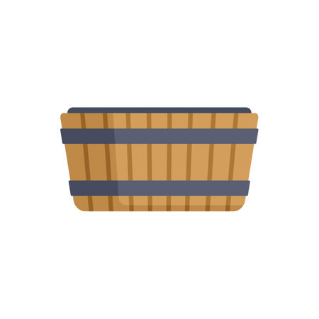 Wooden bucket with metal rings, used for carrying water from a well or for decorative purposes in a gardenのイラスト素材