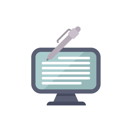 Pen is writing on a computer screen, symbolizing the creation of digital contentのイラスト素材