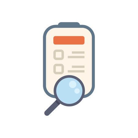 This icon features a magnifying glass examining a checklist on a clipboard, symbolizing quality control and attention to detailのイラスト素材