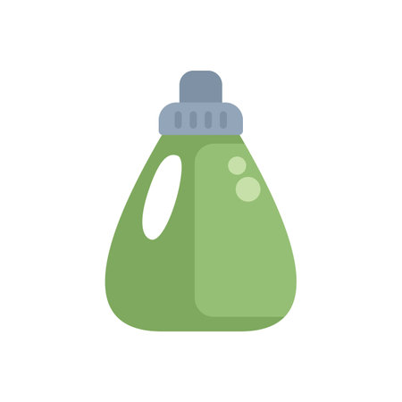 Green plastic detergent bottle with measuring cup lid standing up is a concept of housekeeping, cleaning and choresのイラスト素材