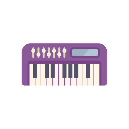 Purple synthesizer keyboard with white keys and a digital interface is creating electronic musicのイラスト素材