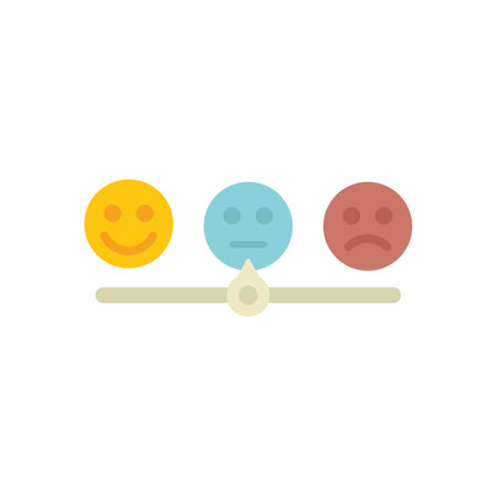 This vector illustration shows a balance scale weighing three emojis, representing the concept of customer satisfactionのイラスト素材