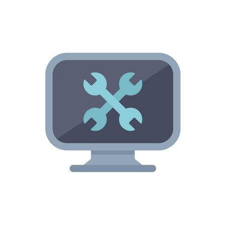 Computer screen displaying crossed wrenches, representing technical support, maintenance, and it servicesのイラスト素材