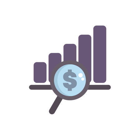 Magnifying glass is focusing on a dollar sign in front of a growing bar chartのイラスト素材
