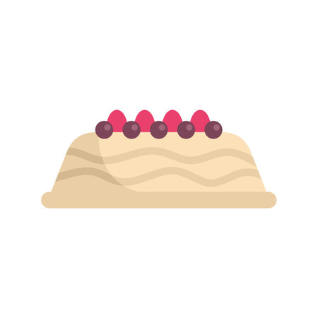 Cartoon icon of a cake with cream, strawberries and blueberries on a white plate, isolated on white backgroundのイラスト素材