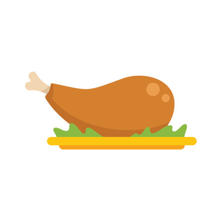 Simple vector illustration of a roasted chicken leg on a bed of lettuce, served on a yellow platterのイラスト素材