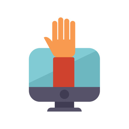 Cartoon illustration of a hand appearing from a computer screen and asking a questionのイラスト素材