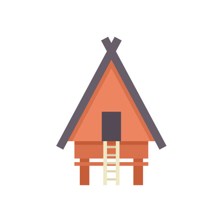 Simple flat illustration of a traditional wooden house on stilts with a ladder going up to the doorのイラスト素材