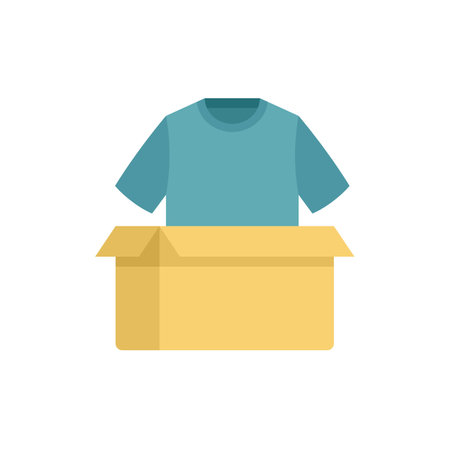 Cardboard box is holding a folded t shirt, ready for donationのイラスト素材