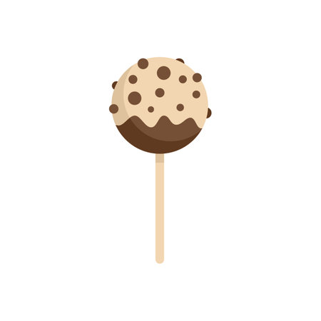 Minimalist vector illustration of a sweet treat, round cake pop with chocolate chips, covered in brown glaze, isolated on white backgroundのイラスト素材