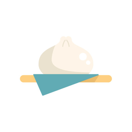 Minimalist vector illustration of a bao bun sitting on a blue cloth on a wooden tray, representing asian cuisineのイラスト素材