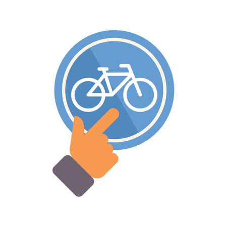 Hand with index finger extended is pointing at a blue circular icon featuring a white bicycle symbolのイラスト素材