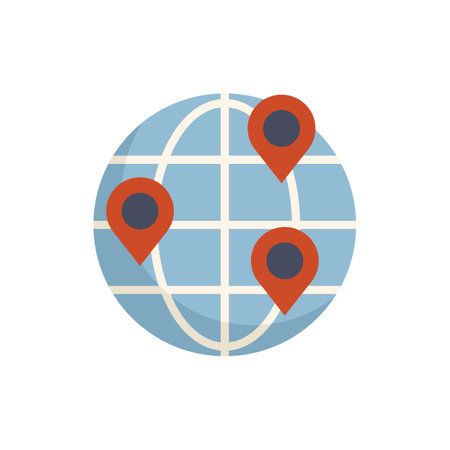 This vector illustration features a blue globe with three red location pins, representing global connections and worldwide reachのイラスト素材