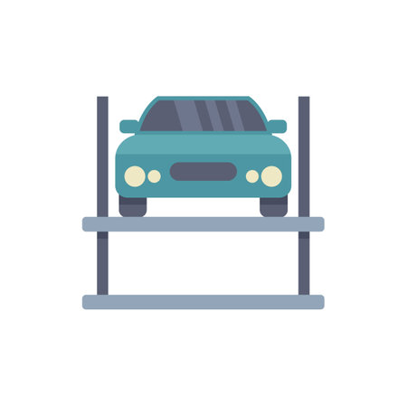Car is parked on a hydraulic lift platform inside a modern vehicle service stationのイラスト素材