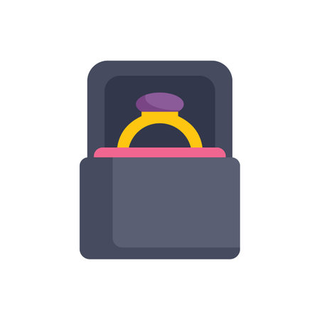 Golden engagement ring with a purple gemstone is presented in an open boxのイラスト素材