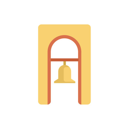 Minimalist illustration featuring a yellow bell tower with a single bell hanging in its centerのイラスト素材