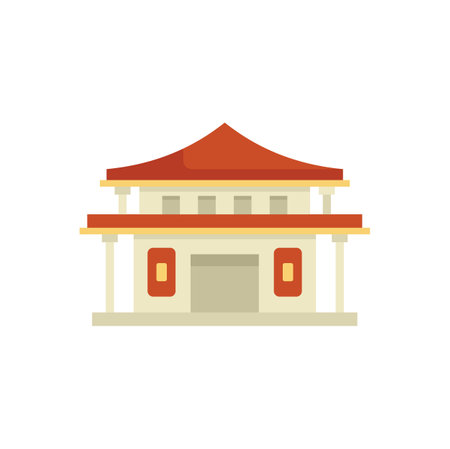 Traditional asian building with a red roof and white walls standing on a low platformのイラスト素材