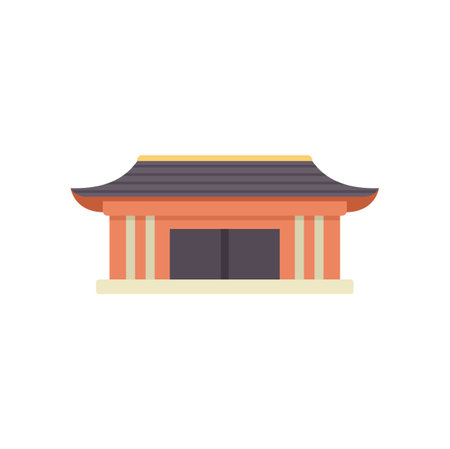 Simple vector illustration representing an asian building with a curved roof, columns and double doorsのイラスト素材