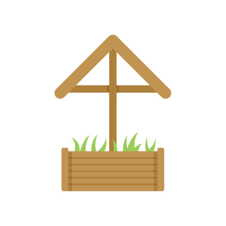 Simple vector illustration of a raised garden bed with grass growing inside, covered by a triangular wooden roofのイラスト素材