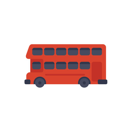 This simple flat vector illustration features a red double decker bus, traveling through the cityのイラスト素材