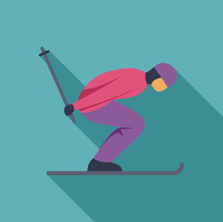 Professional skier crouching while downhill skiing with poles and skis on snowy slopeのイラスト素材