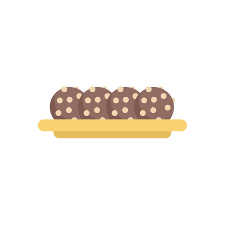 Four chocolate chip cookies are sitting on a yellow plate, ready to be enjoyedのイラスト素材