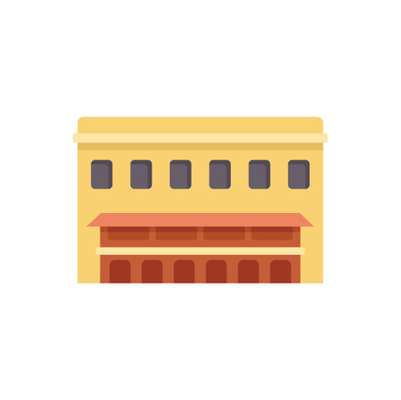 Simple vector illustration of a big yellow building with an awning over the ground floor windowsのイラスト素材