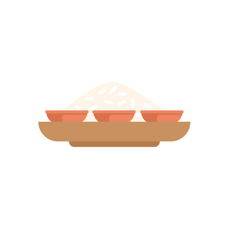 Simple vector illustration of a wooden tray holding bowls and a pile of white rice, isolated on a white backgroundのイラスト素材