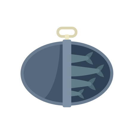 Open oval tin can containing sardines preserved in oil with pull tab lid, top view vector illustrationのイラスト素材