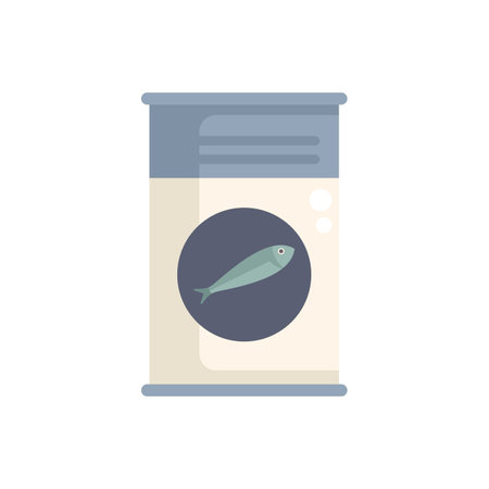 This flat style icon depicts a tin can containing a whole sardine, ideal for representing canned fish productsのイラスト素材