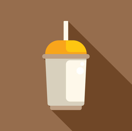 Illustration featuring a disposable coffee cup with a yellow lid and straw, set against a brown backdrop, ideal for representing takeaway beveragesのイラスト素材