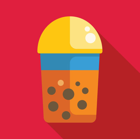 Plastic cup containing refreshing bubble tea with tapioca pearls, featuring a yellow lid and blue band, set against a vibrant red backdropのイラスト素材