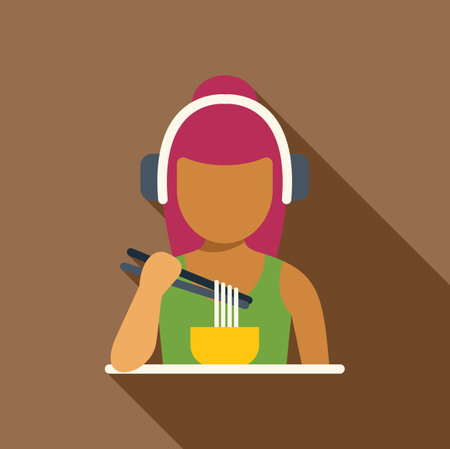 Girl eating noodles with chopsticks while wearing headphones and listening music, flat vector illustrationのイラスト素材