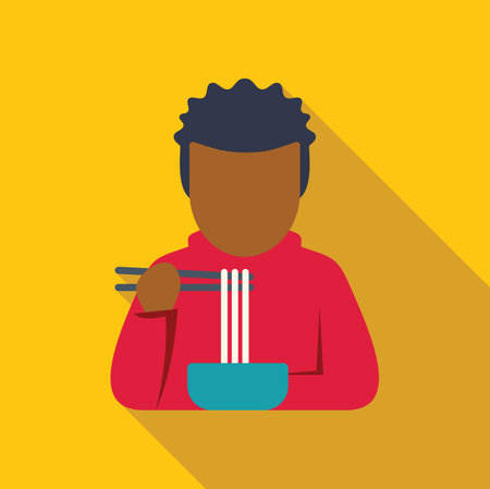 Faceless young man enjoying a bowl of noodles using chopsticks, representing asian culinary traditionsのイラスト素材