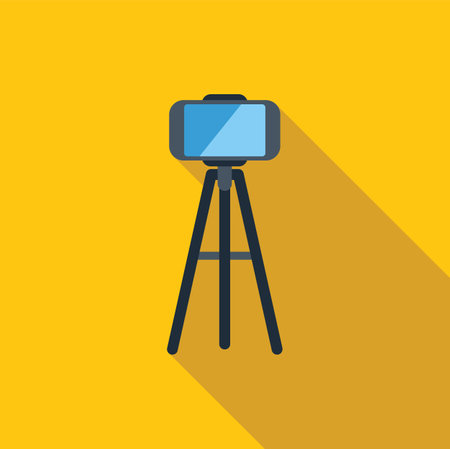 Mobile phone on tripod recording video content with yellow background and long shadow, perfect for visual storytellingのイラスト素材
