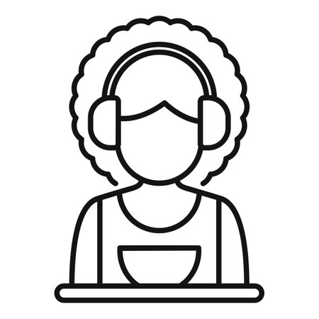 Cleaning lady wearing headphones and holding cleaning products, cleaning service line iconのイラスト素材