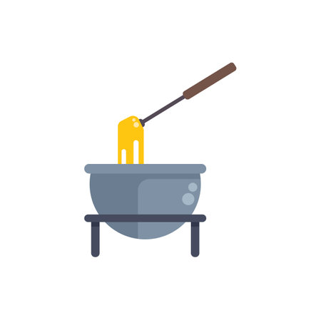 This vector illustration is of a fork dipping cheese fondue into a pot, perfect for projects related to food and cookingのイラスト素材