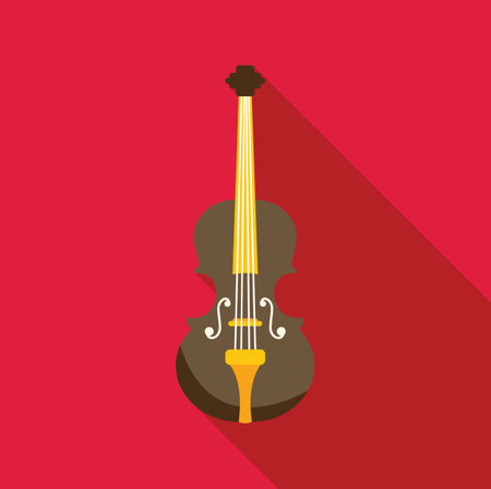 Brown classical violin with golden strings and details, isolated on a vibrant, plain red background, creating a striking contrastのイラスト素材