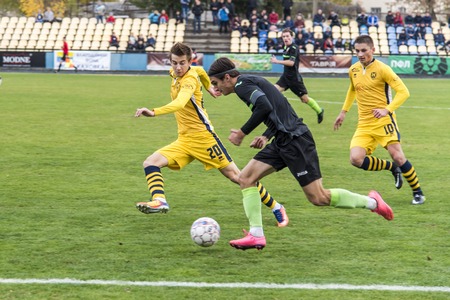 soccer 2nd League Ukraine "Energy" -"Metalist" 05 Nov, 2017 , players in European football in the game,Ukraine, Kherson region , New Kakhovka ,the stadium "Energy"のeditorial素材