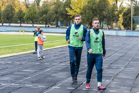 soccer 2nd League Ukraine "Energy" -"Metalist" 05 Nov, 2017 , players in European football in the game,Ukraine, Kherson region , New Kakhovka ,the stadium "Energy"のeditorial素材