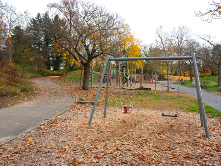 An empty swing on a playground surrounded by fallen autumn leaves creates a quiet late-season atmosphere.の写真素材