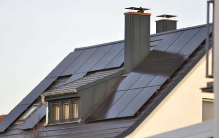 Modern house with fully integrated solar roof panels. A sleek, seamless installation for clean energy production.の写真素材