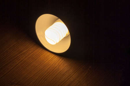 Electric light bulb on the dark wood backgroundの写真素材