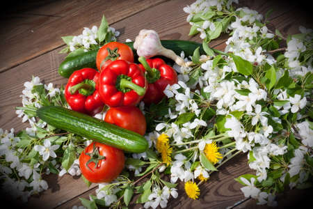 fresh vegetables and fruits background, food top viewの写真素材