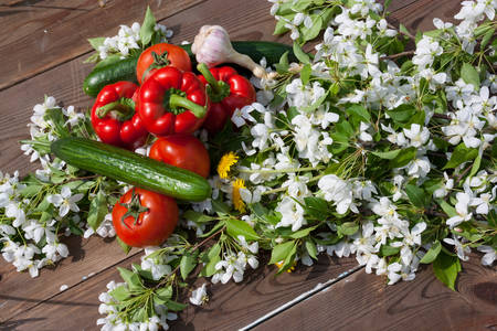 fresh vegetables and fruits background, food top viewの写真素材