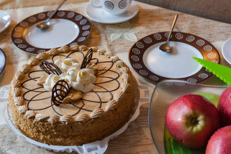 Tea black Indian tea with cake and fruitの写真素材