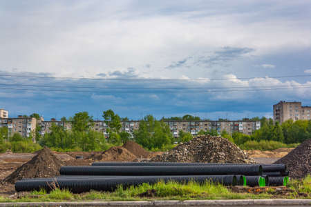 Corrugated water pipes of large diameter prepared for layingの写真素材