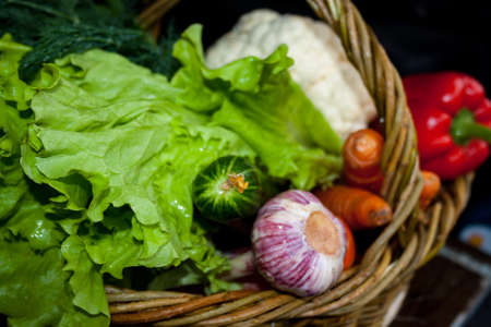 Fresh vegetables in a basket on a nature backgroundの写真素材
