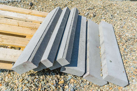 Curb stone on construction site preparation for layingの写真素材